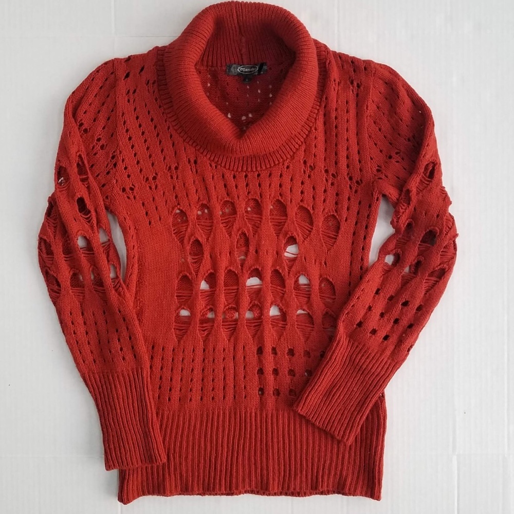 Burnt Orange Cowl Neck Loose Knit Crochet Sweater